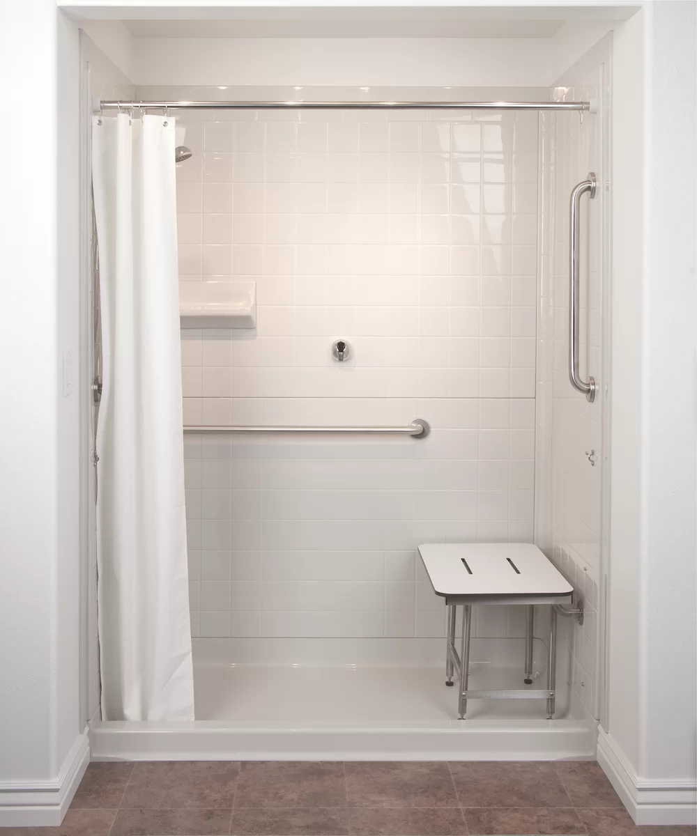 An accessible shower with accessories.